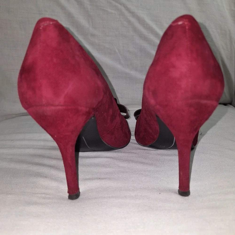 Whimsigoth Retro Suede Pointed Toe Bow Heels Nine West NWFRANCESS Burgundy 8M